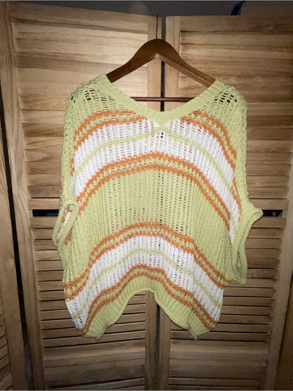 POL S/M Open Knit Striped V-Neck Sweater Green Rust White Coastal Boho Oversized - Picture 4 of 7